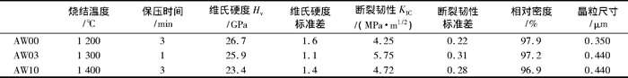 表2 SPS法制備的AW00、AW03和AW10陶瓷的常溫力學性能和顯微結構特征